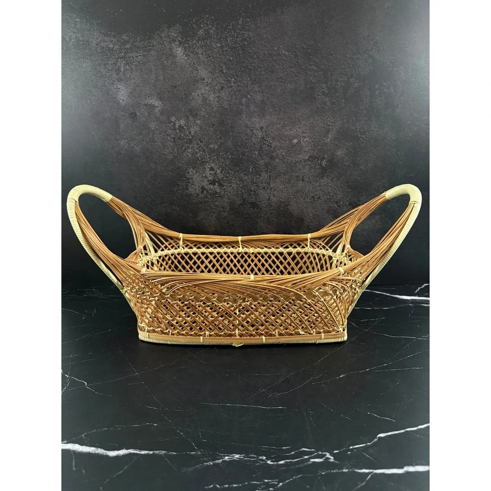 VTG Open Weave Bohemian Wicker Rattan Peacock Basket 21X11X9